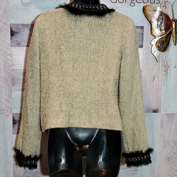 Anne Carson Cream Black Lace Faux Fur Trim Blazer Jacket, Sz M - Picture 6 of 7